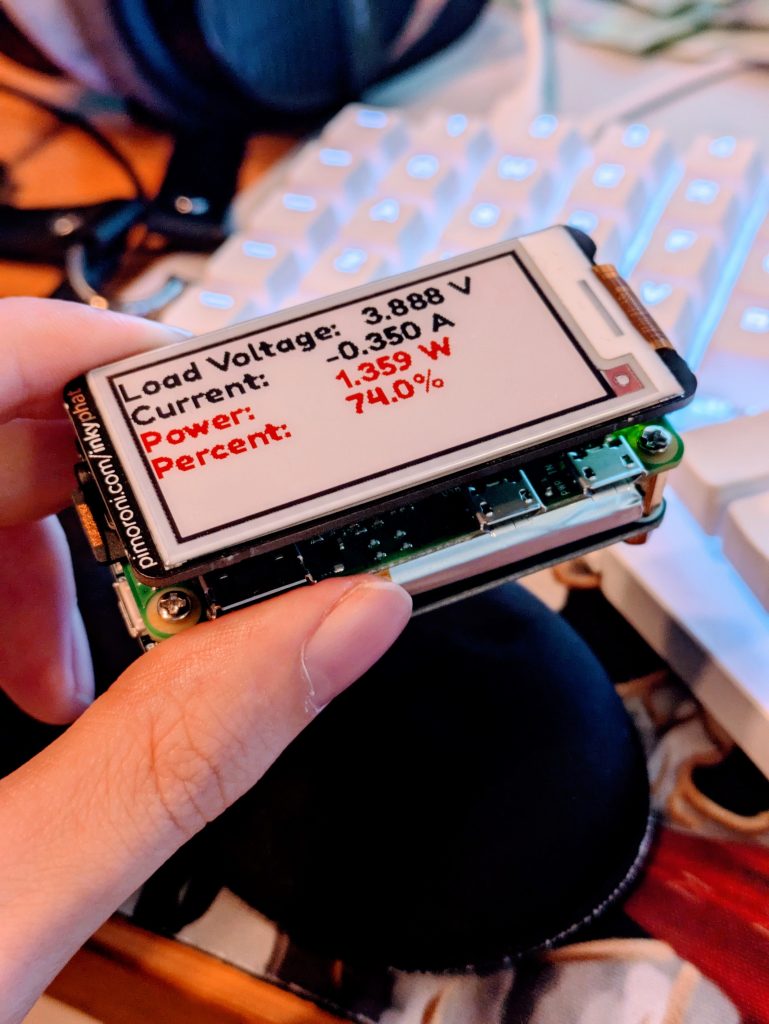 Riley's e-ink Raspberry Pi Zero displaying the battery information.