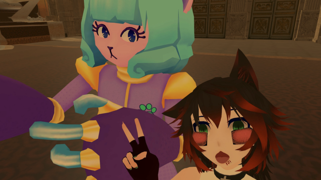 A screenshot from VR Chat. Two people are hanging out looking at the camera. The one on the right is making a peace sign. 