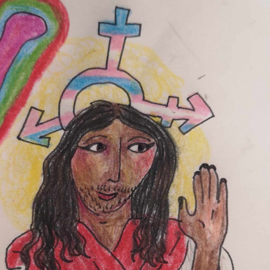 The cover art for Jesus Was A Trans Girl by Kitty Prozac. It's an illustration of Jesus with a transgender symbol behind her head.