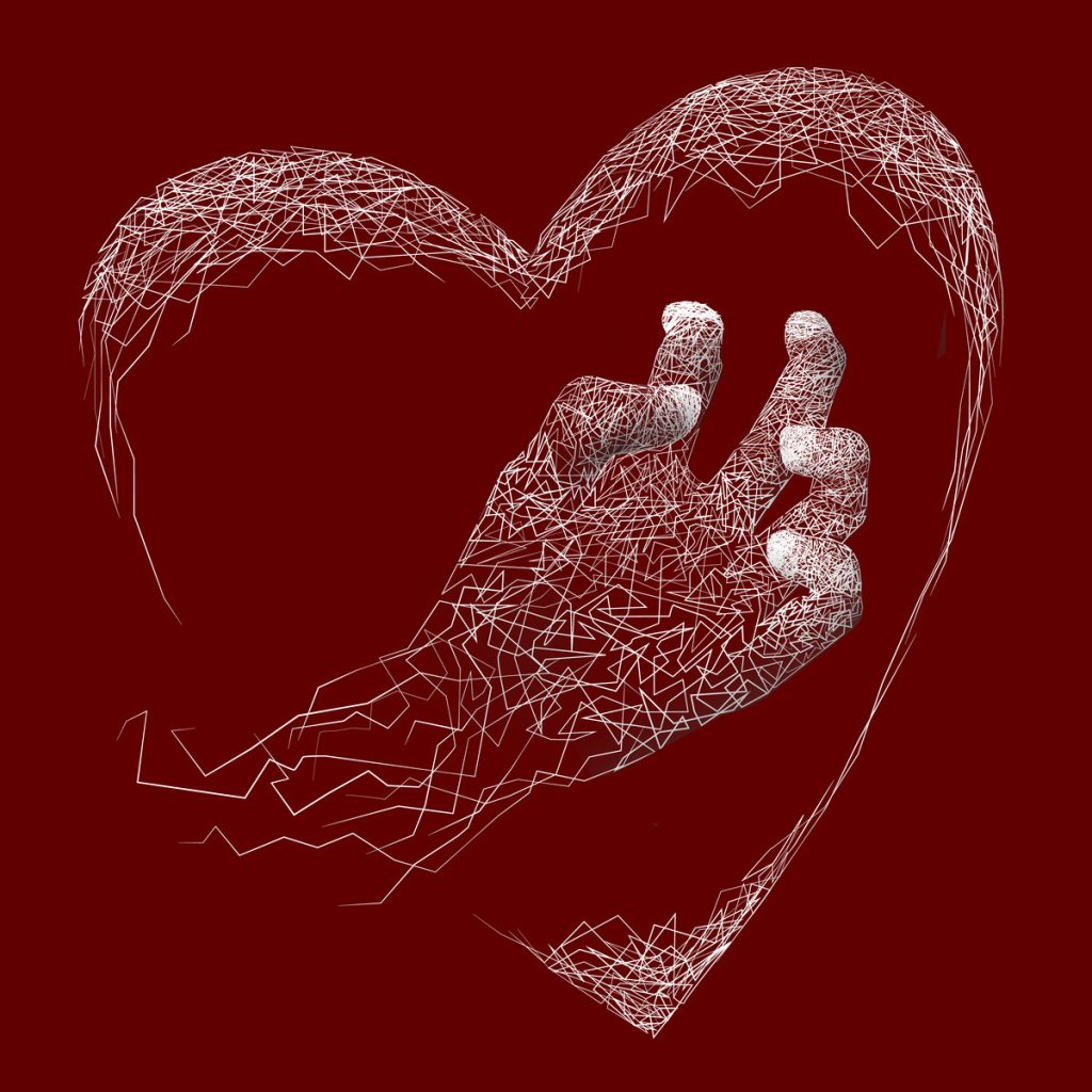 The cover art for Love is a Weapon by Raw Nerve Endings. A wireframe hand surrounded by a wireframe heart reaching up. 