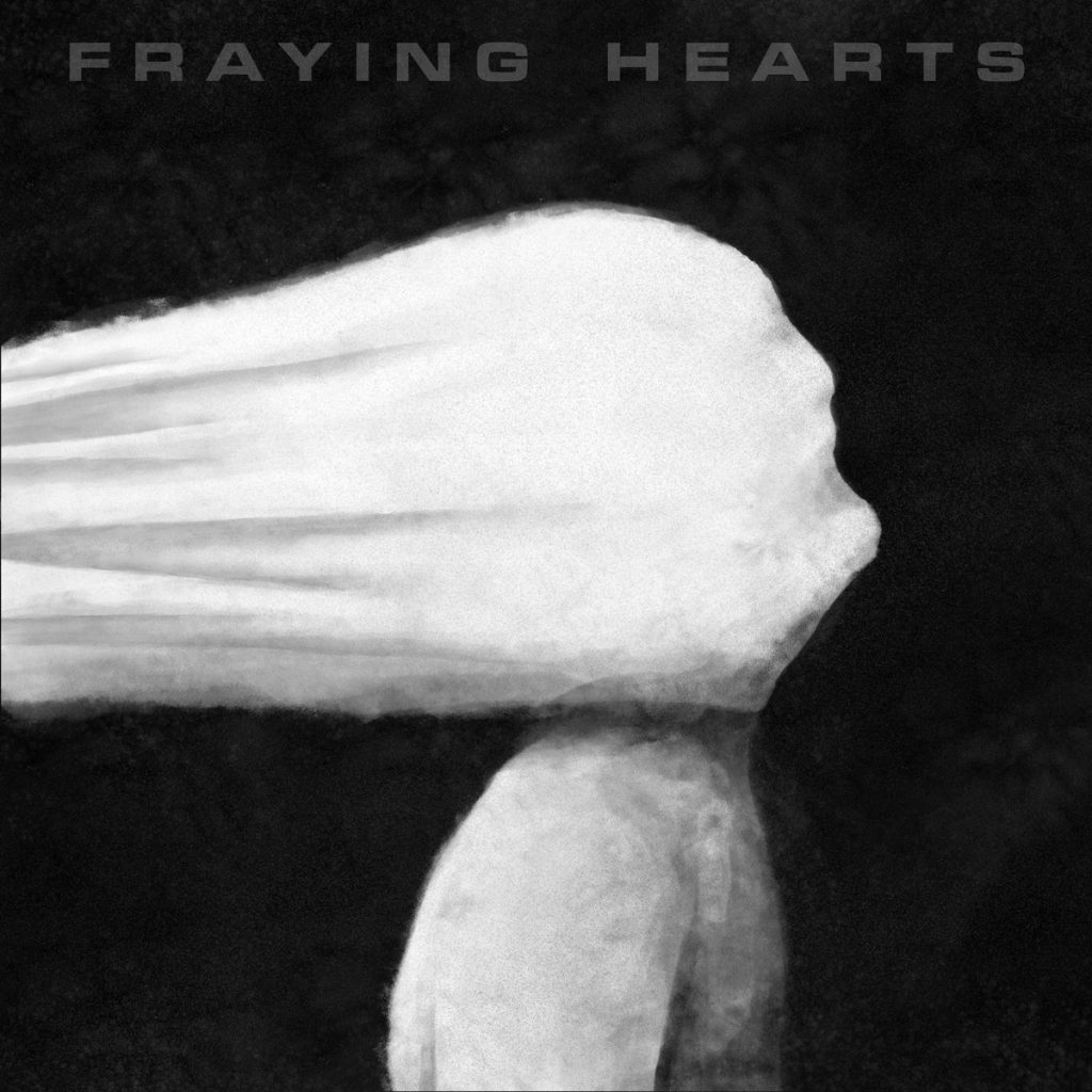 The cover art for Fraying Hearts by Raw Nerve Endings. An illustration of a white sheet being pulled tight across someone's face. 