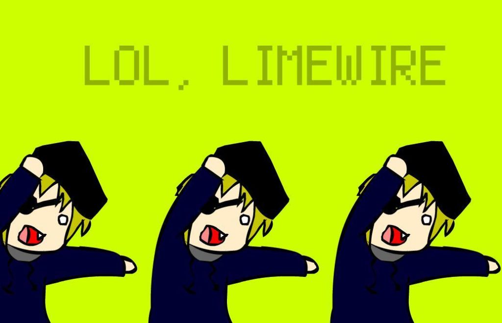 A 2005-era internet screenshot of a flash animation that says "LOL, Limewire" with a dancing animated pirate. 