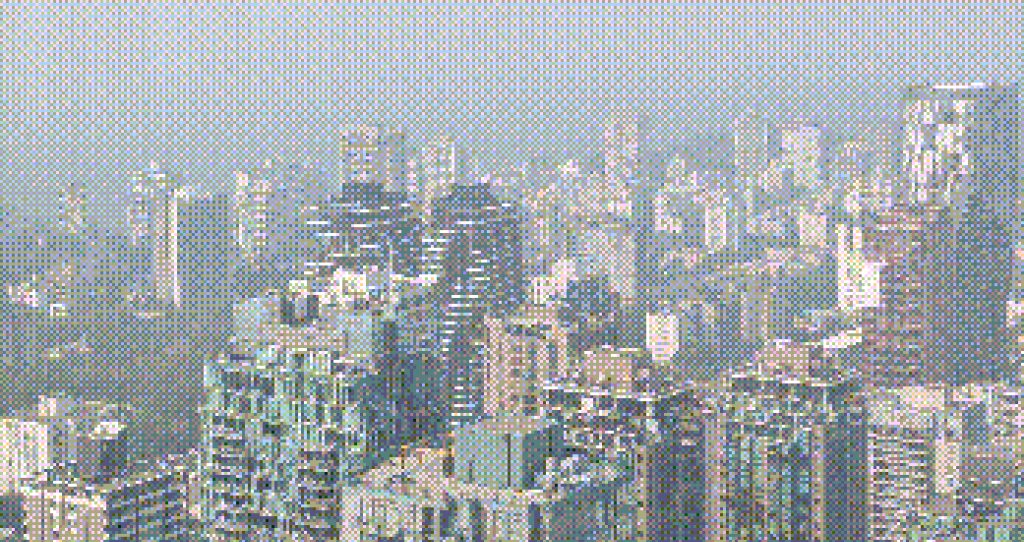 A dithered section of skyscrapers in a downtown core on a smokey day. 